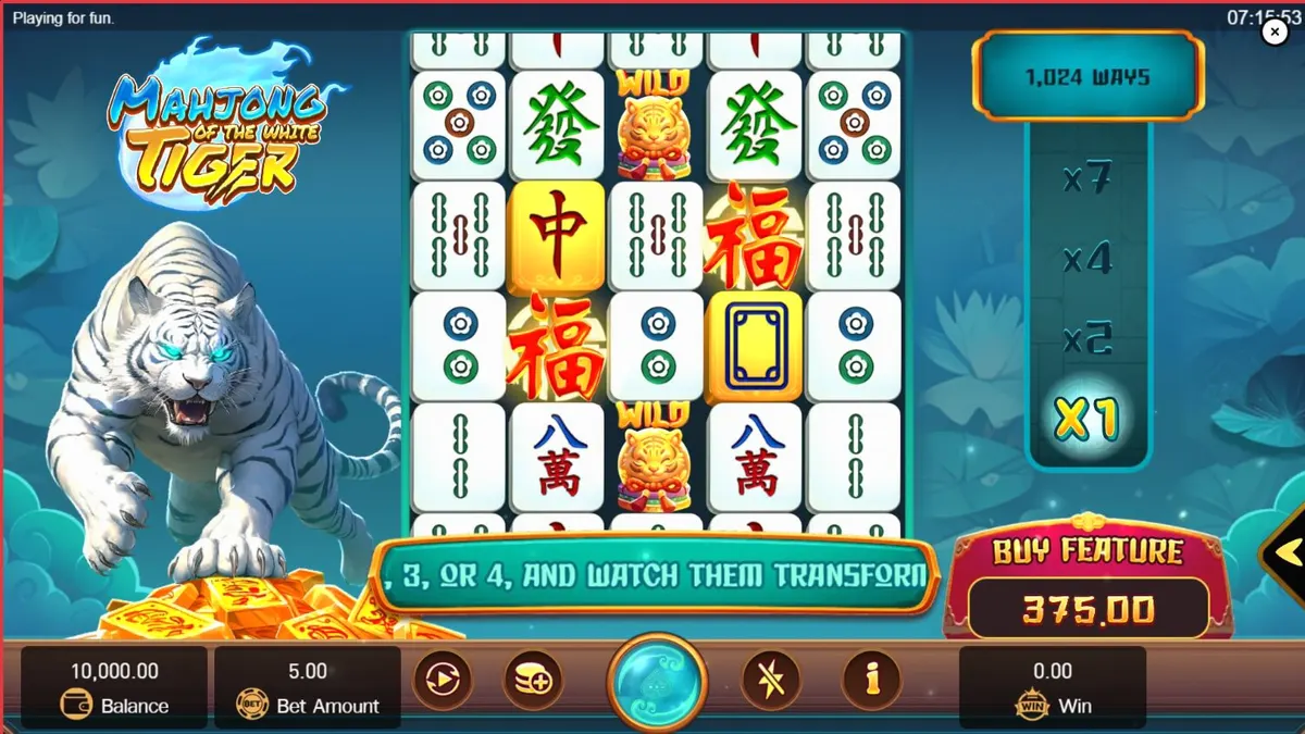 O slot Mahjong of the White Tiger com símbolos de Mahjong e um tigre branco ao fundo