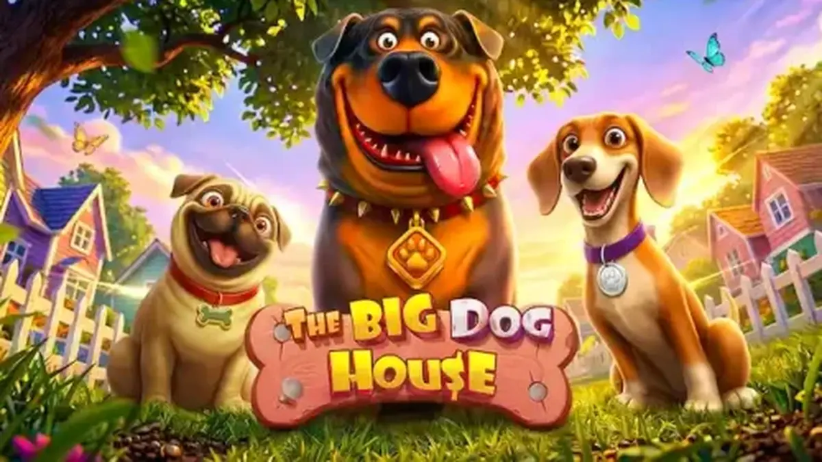 Interface do jogo de slot The Big Dog House com símbolos de cães e casas de cachorro
