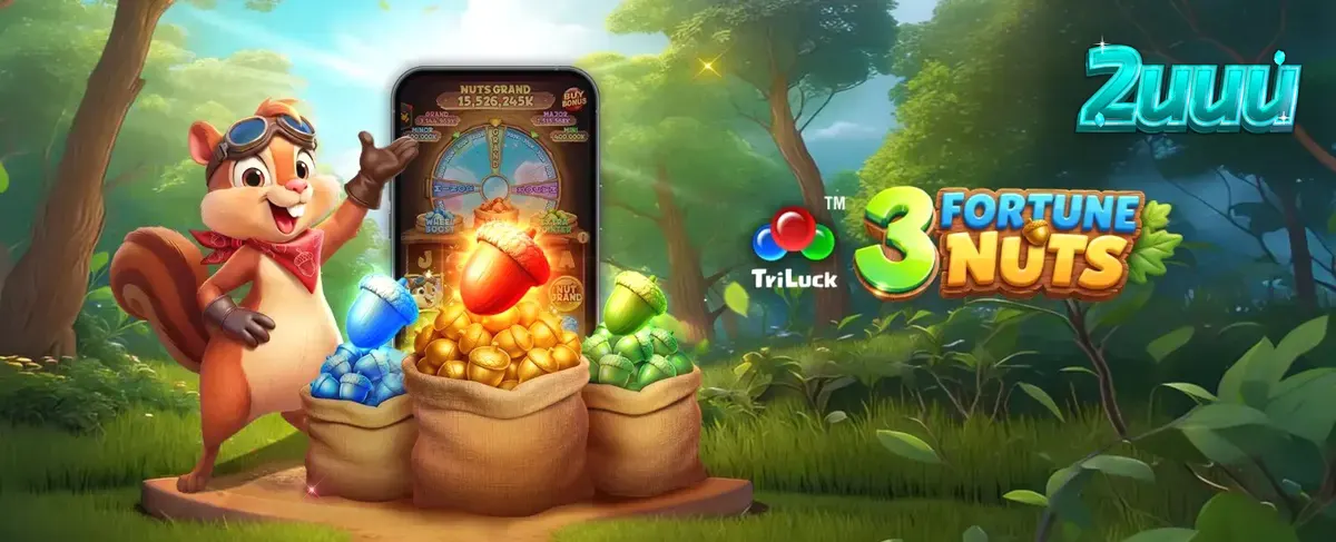 Interface do jogo de slot 3 Fortune Nuts com tema de floresta e esquilos.